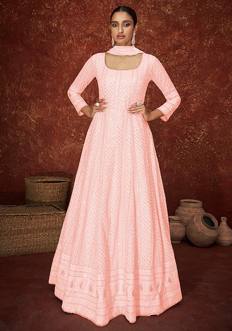 Pink Sequin Thread Embroidered Georgette Anarkali Set