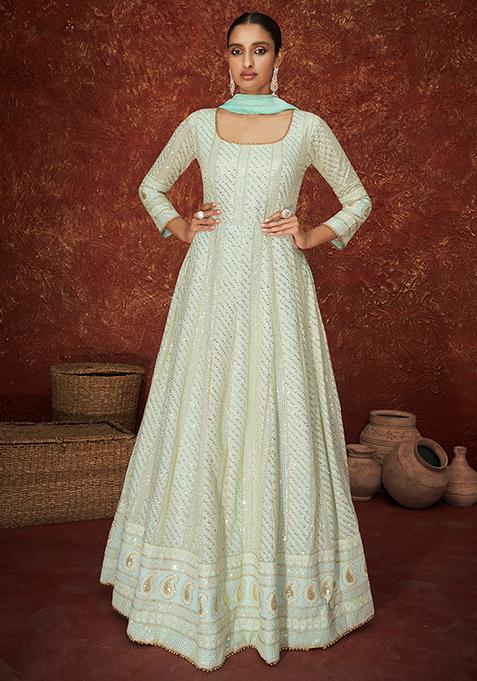 Turquoise Sequin Thread Embroidered Georgette Anarkali Set