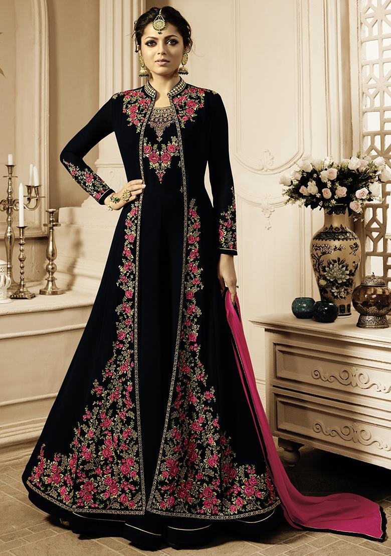 Black Sequin Thread Embroidered Georgette Anarkali Set - Indya