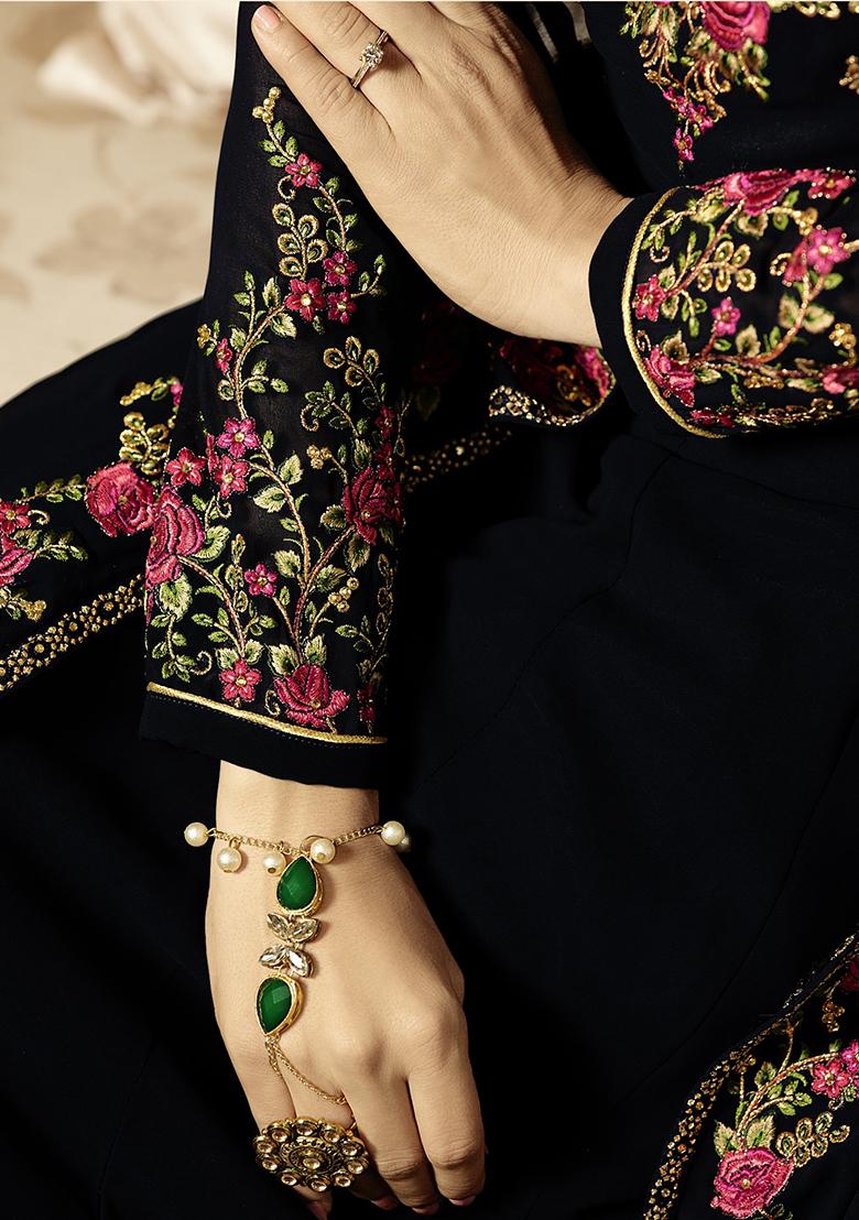 Black Sequin Thread Embroidered Georgette Anarkali Set - Indya