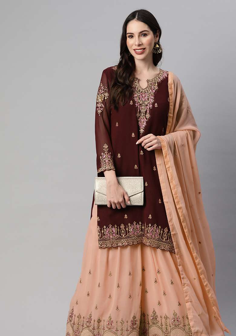 Brown Sequin Thread Embroidered Georgette Sharara Set - Indya