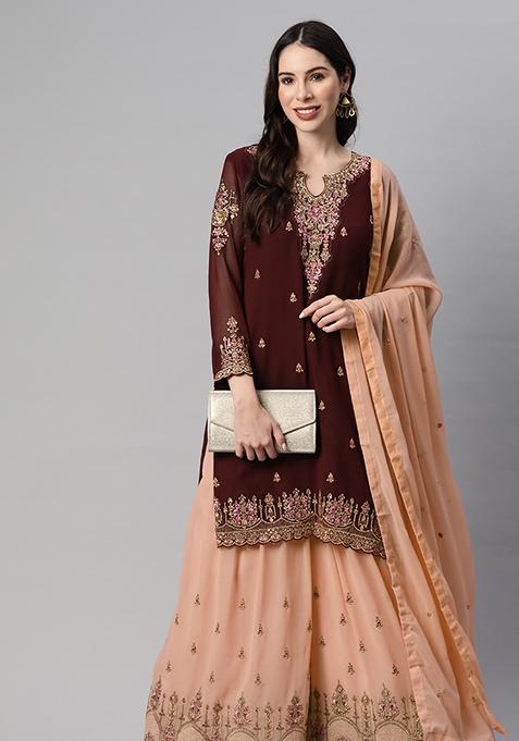 Brown Sequin Thread Embroidered Georgette Sharara Set