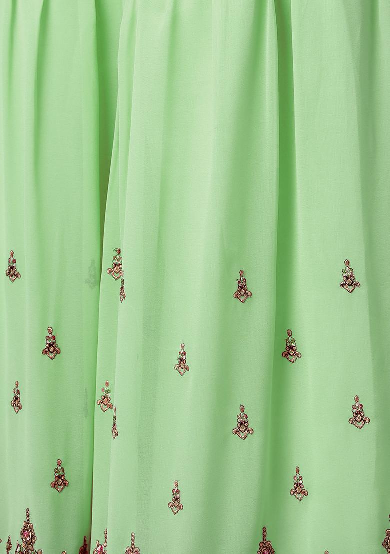 Green Sequin Thread Embroidered Georgette Sharara Set