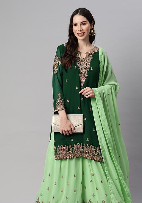 Green Sequin Thread Embroidered Georgette Sharara Set