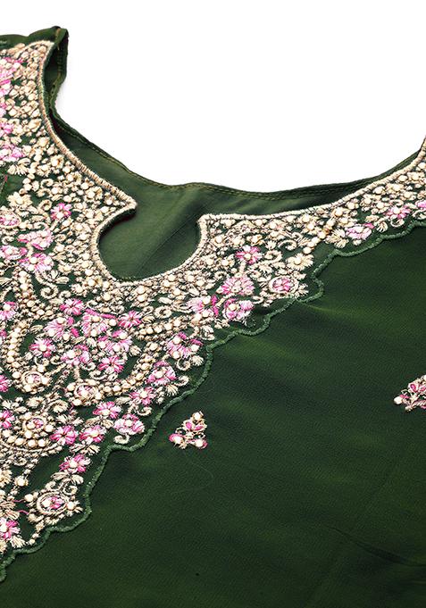 Green Sequin Thread Embroidered Georgette Sharara Set