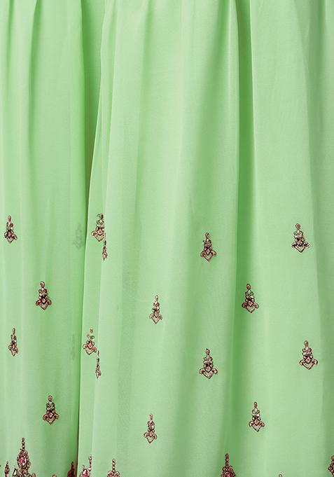 Green Sequin Thread Embroidered Georgette Sharara Set