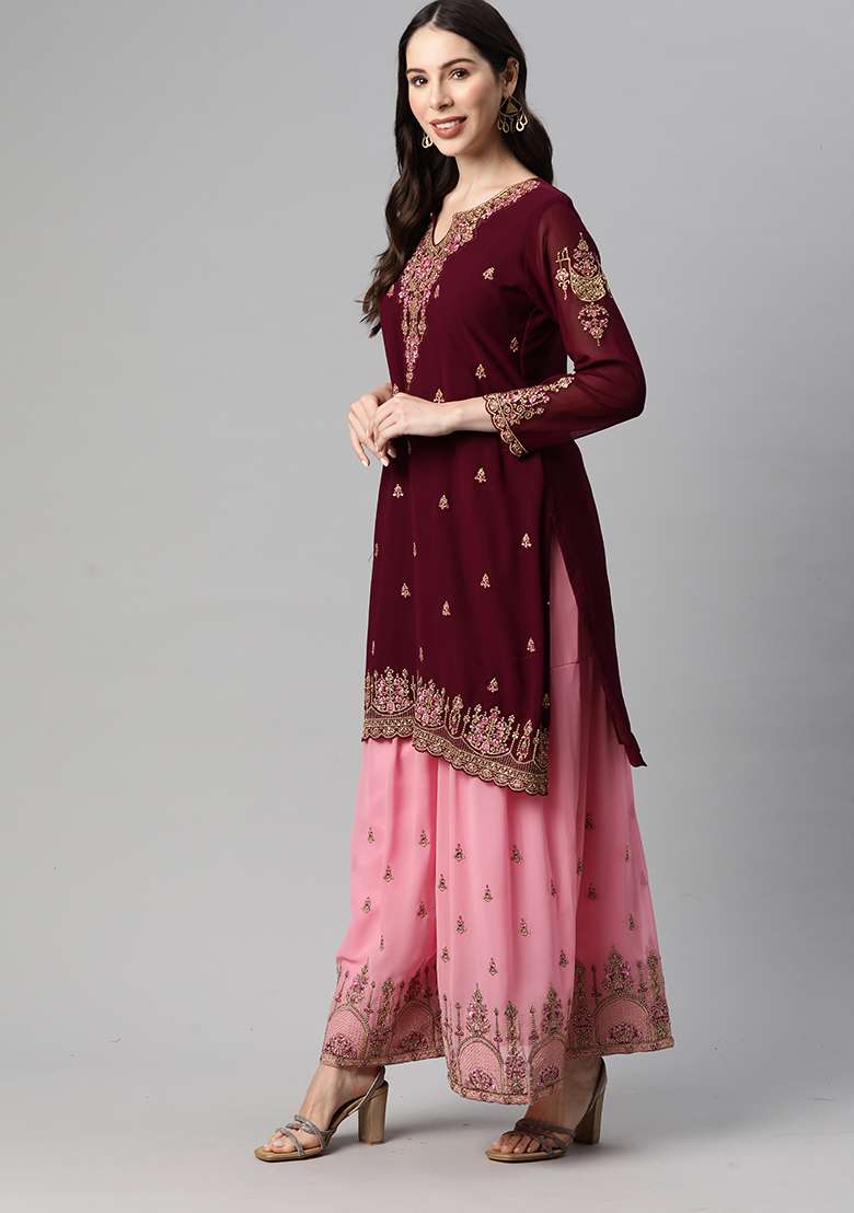 Purple Sequin Thread Embroidered Georgette Sharara Set - Indya