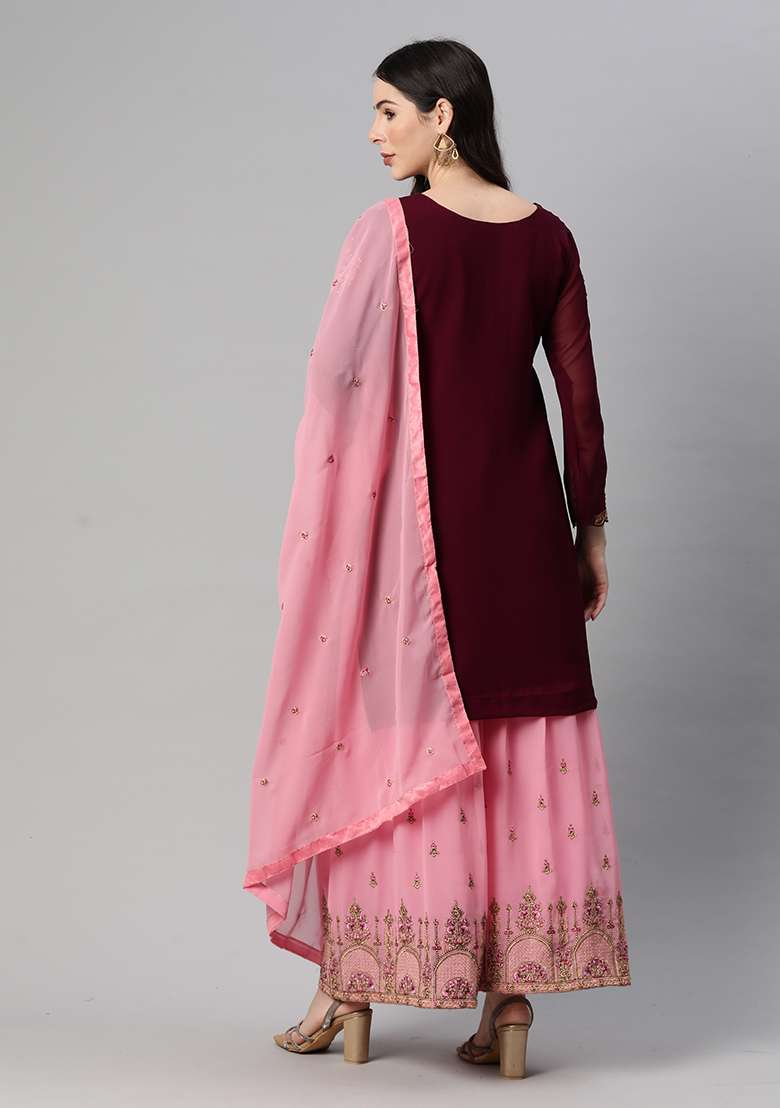 Purple Sequin Thread Embroidered Georgette Sharara Set - Indya