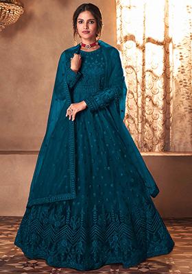 Turquoise Dori Embroidered Net Anarkali Set
