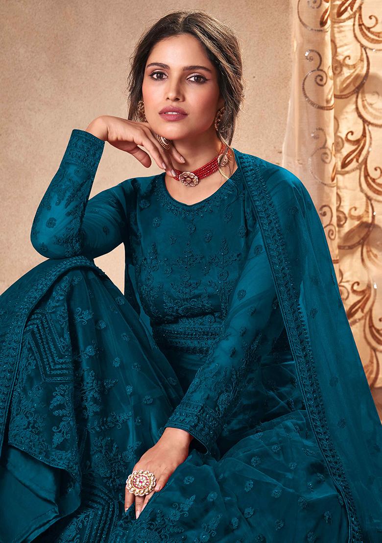 Turquoise Dori Embroidered Net Anarkali Set