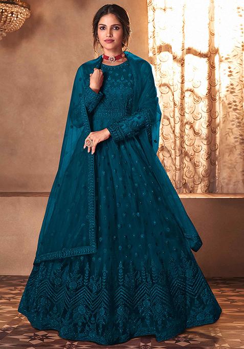 Turquoise Dori Embroidered Net Anarkali Set