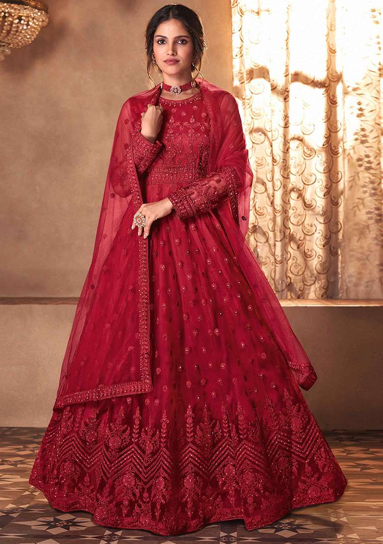 Red Embroidered Net Anarkali Set - Indya