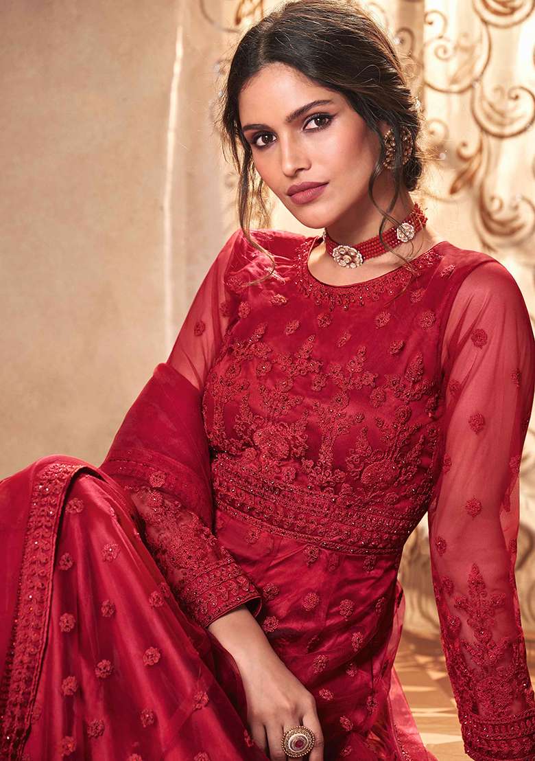 Red Embroidered Net Anarkali Set - Indya