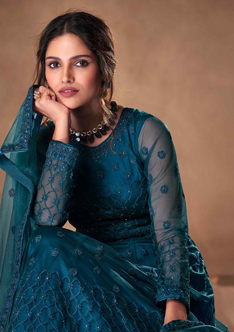 Turquoise Dori Embroidered Net Anarkali Set