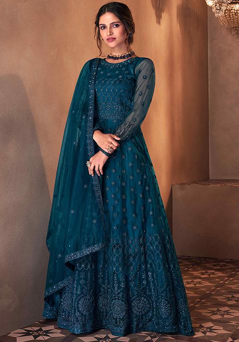 Turquoise Dori Embroidered Net Anarkali Set