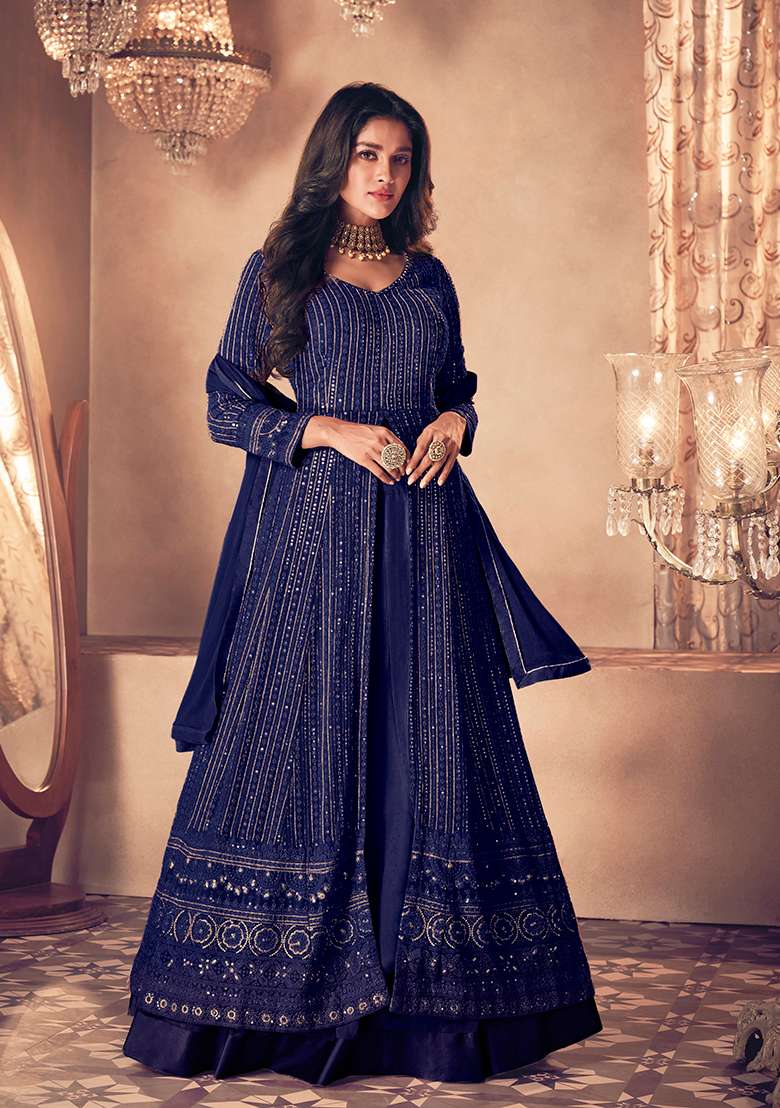 Blue Embroidered Georgette Anarkali Set - Indya