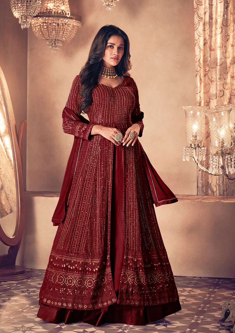 Maroon Embroidered Georgette Anarkali Set - Indya