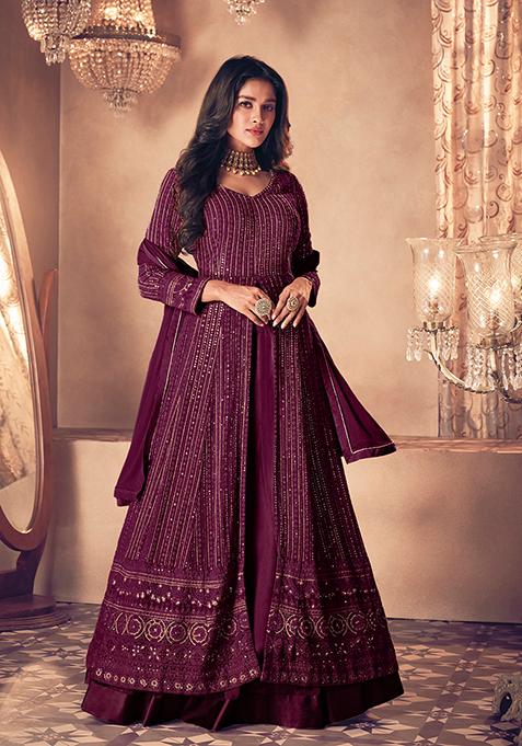 Purple Sequin Thread Embroidered Georgette Anarkali Set