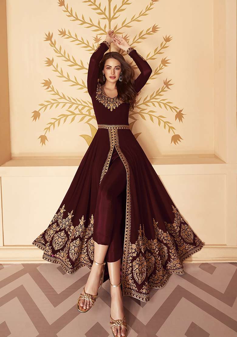 Maroon Embroidered Georgette Anarkali Set - Indya
