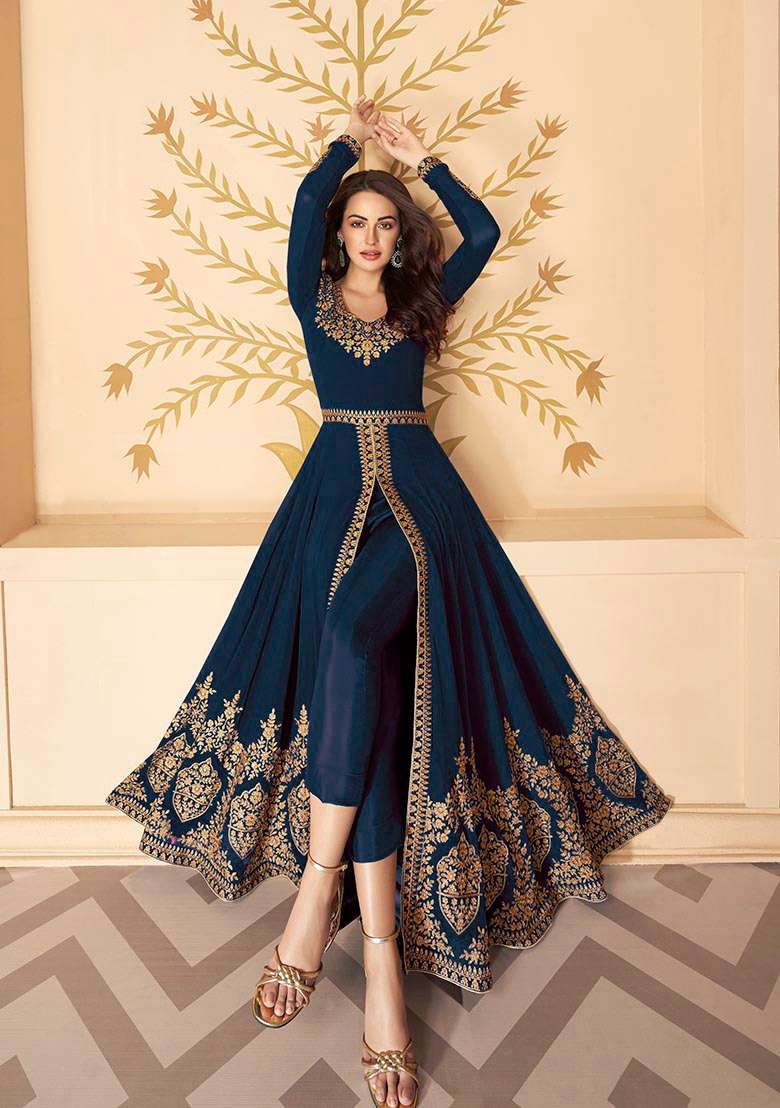 Turquoise Embroidered Georgette Sharara Set - Indya