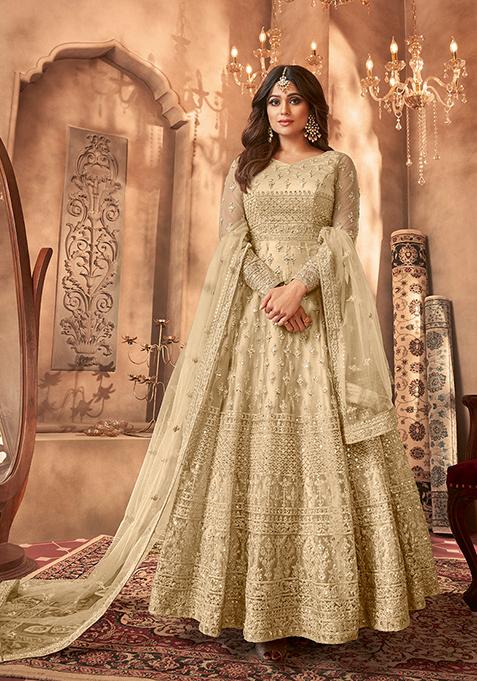 Beige Sequin Thread Embroidered Net Anarkali Set