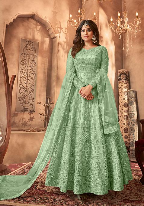 Green Sequin Thread Embroidered Net Anarkali Set