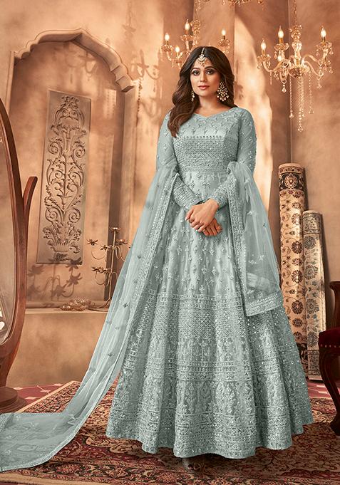 Grey Sequin Thread Embroidered Net Anarkali Set