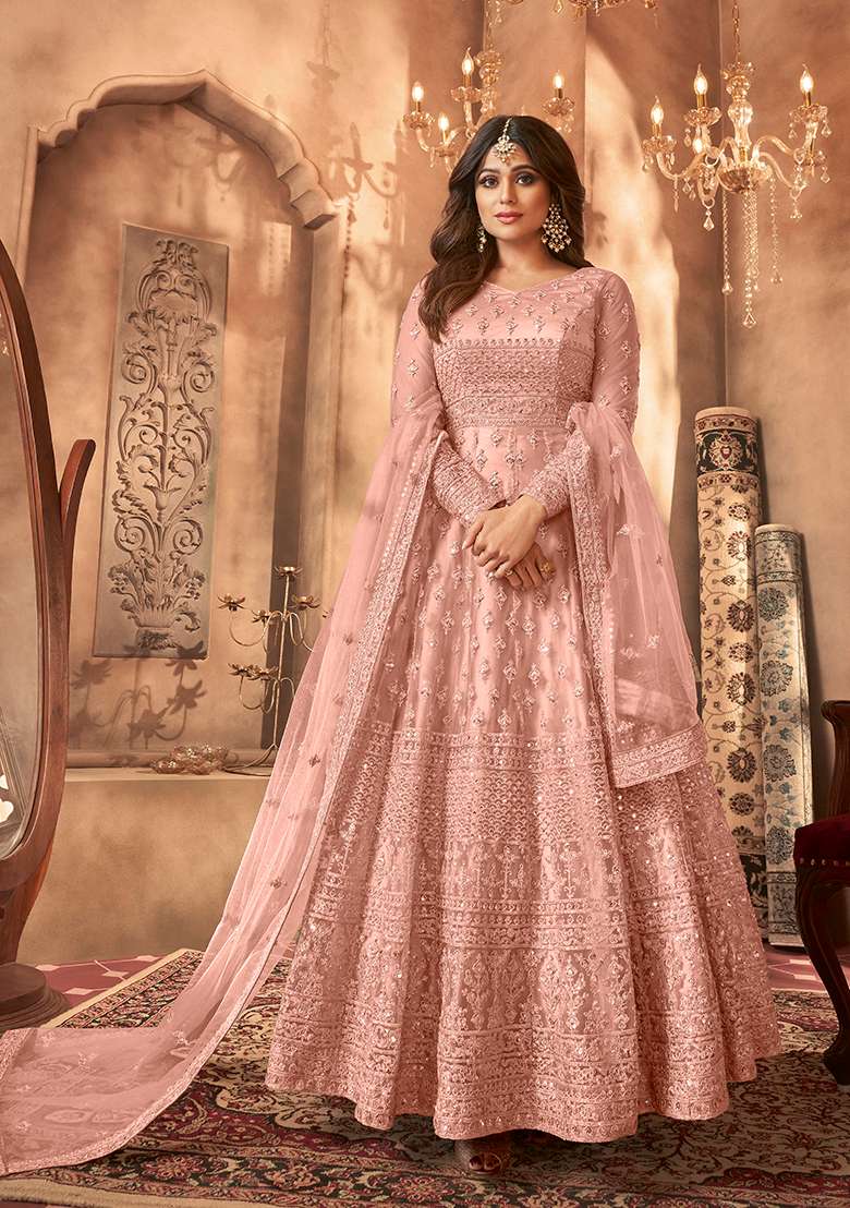 Peach Embroidered Net Anarkali Set - Indya