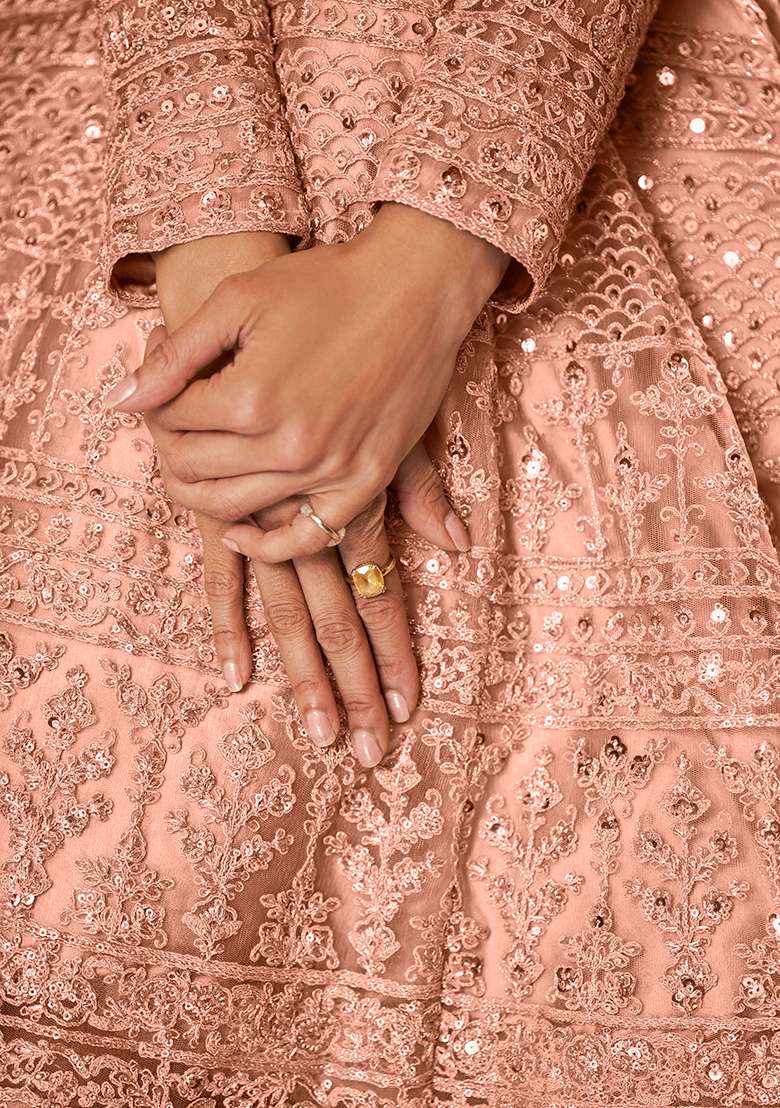 Peach Embroidered Net Anarkali Set - Indya