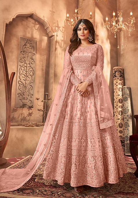 Peach Sequin Thread Embroidered Net Anarkali Set