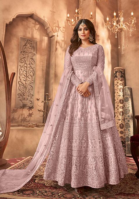 Dusty Purple Sequin Thread Embroidered Net Anarkali Set