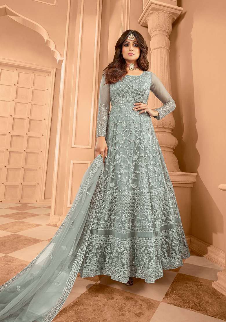 Grey Embroidered Net Anarkali Set - Indya