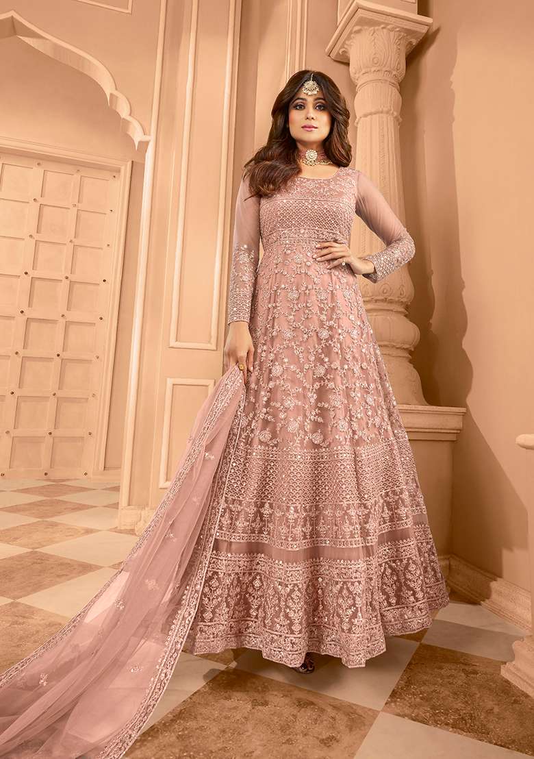 Peach Embroidered Net Anarkali Set - Indya