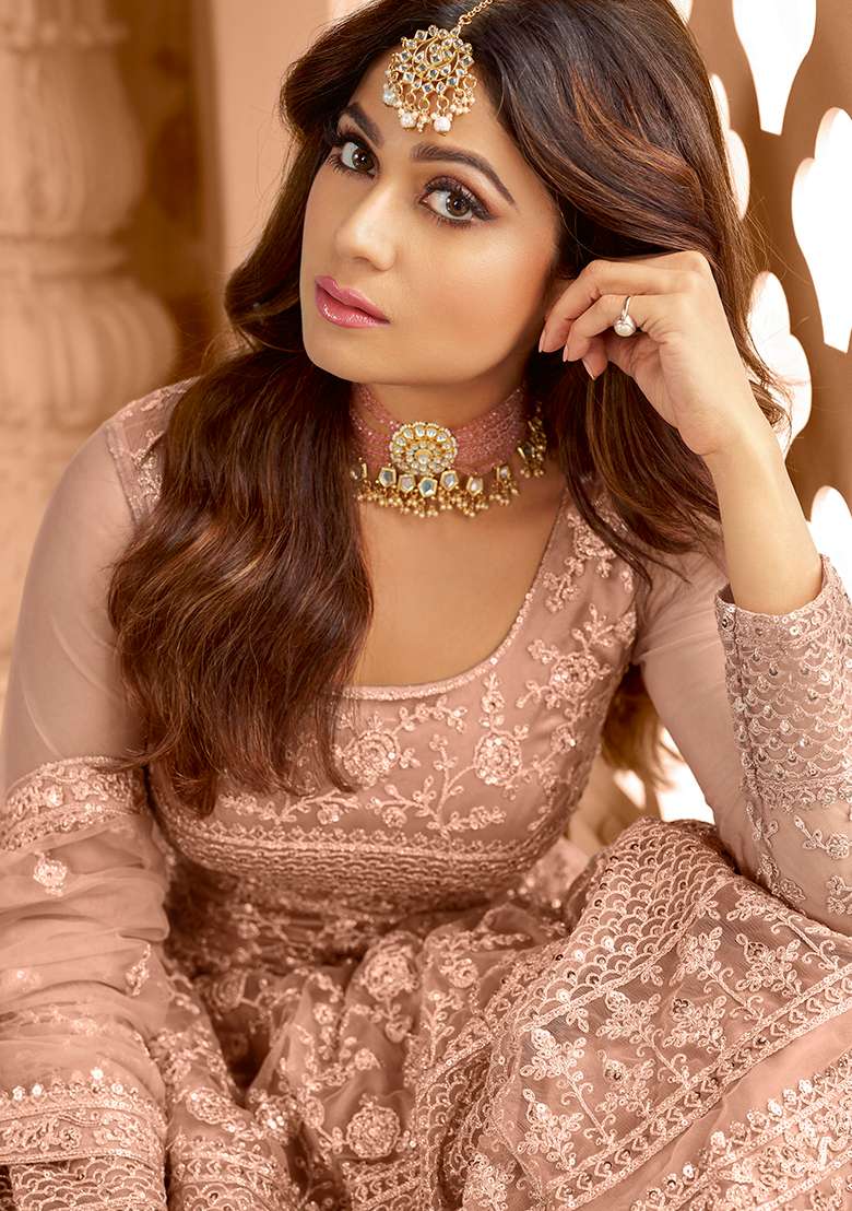Peach Embroidered Net Anarkali Set - Indya