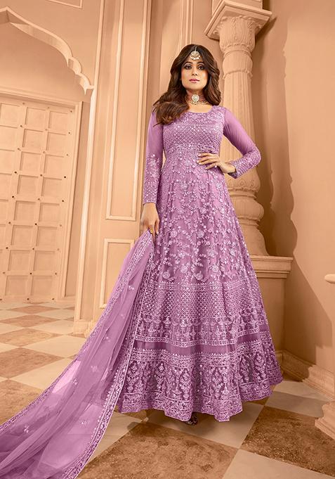 Purple Sequin Thread Embroidered Net Anarkali Set