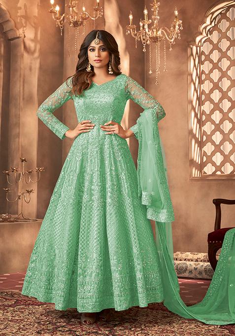 Green Sequin Thread Embroidered Net Anarkali Set