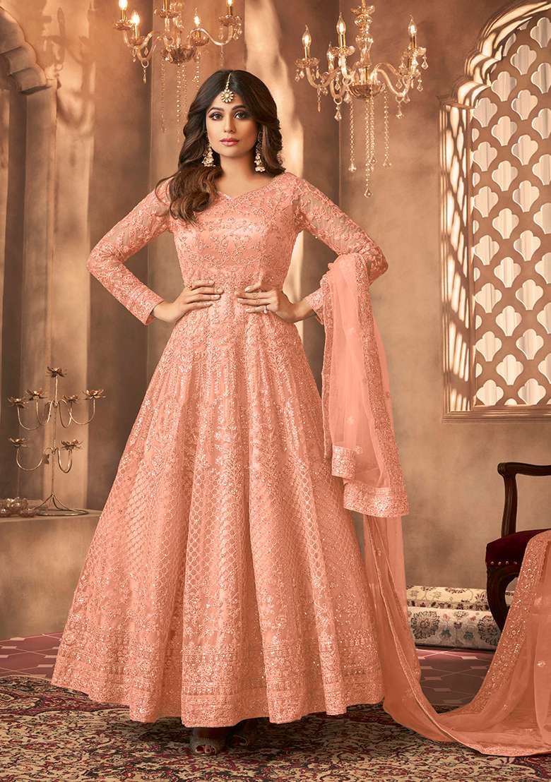Peach Embroidered Net Anarkali Set - Indya