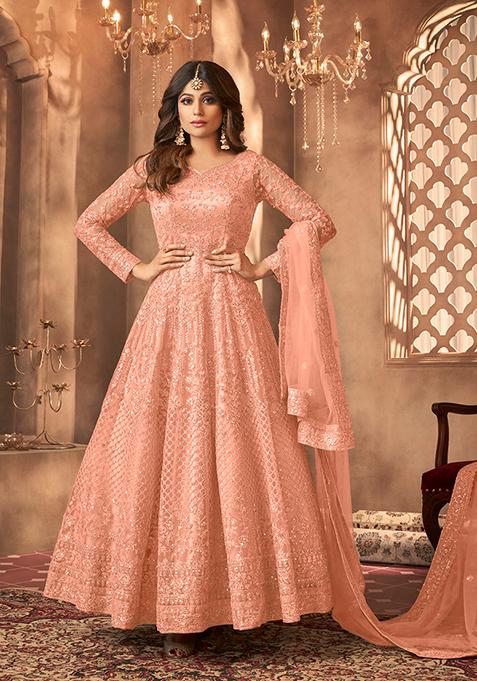 Peach Sequin Thread Embroidered Net Anarkali Set