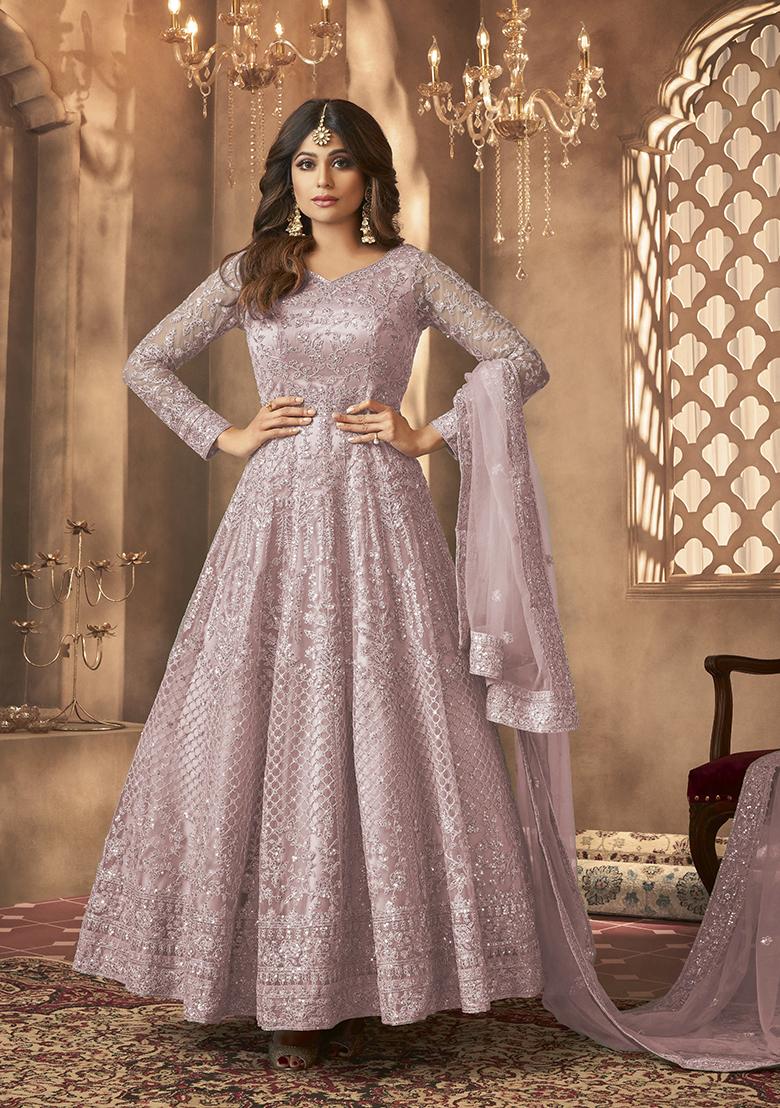 Dusty Purple Sequin Thread Embroidered Net Anarkali Set - Indya