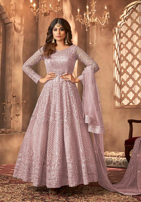 Dusty Purple Sequin Thread Embroidered Net Anarkali Set