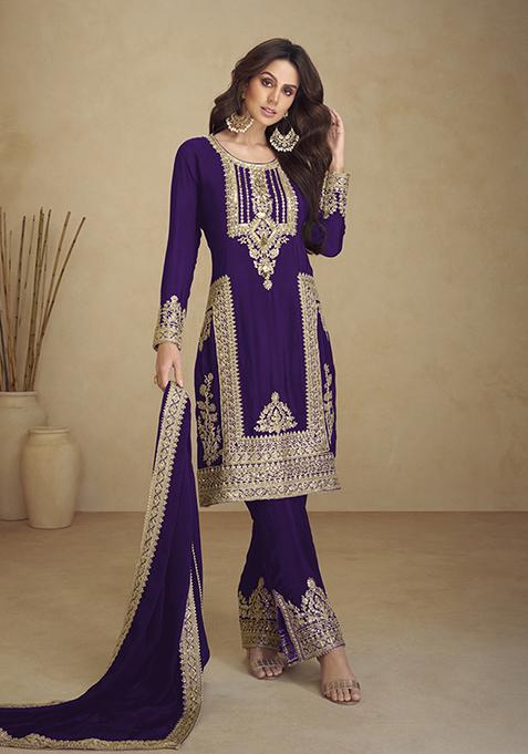 Purple Embroidered Faux Georgette Kurta Set