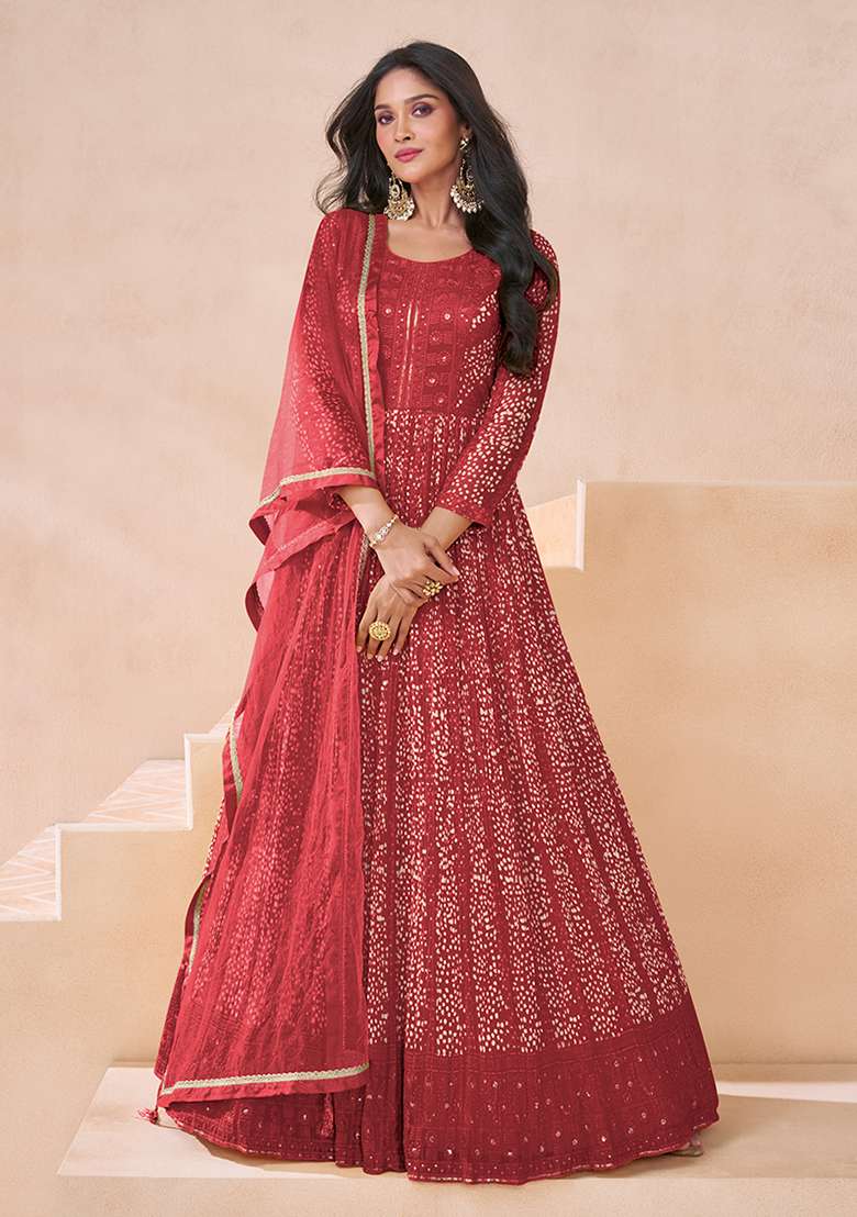 Red Embroidered Faux Blooming Anarkali Set - Indya