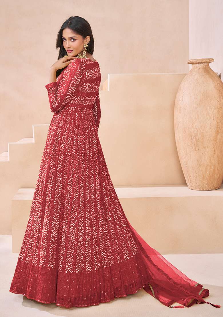Red Embroidered Faux Blooming Anarkali Set - Indya