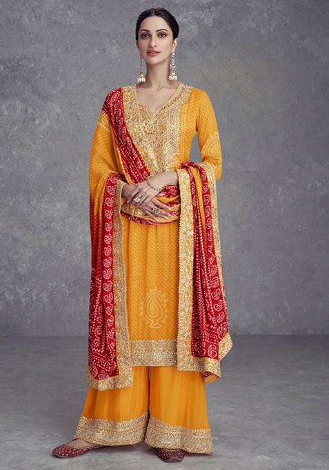 Yellow Embroidered Silk Kurta Set