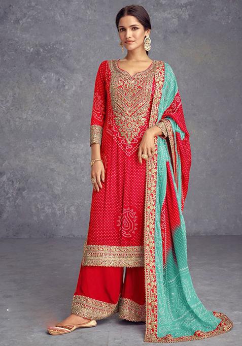 Red Embroidered Silk Kurta Set