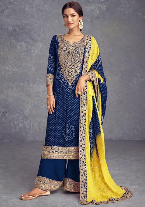 Navy Blue Embroidered Silk Kurta Set