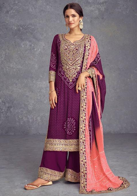 Wine Embroidered Silk Kurta Set