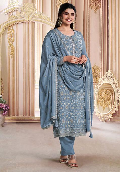 Grey Embroidered Silk Kurta Set