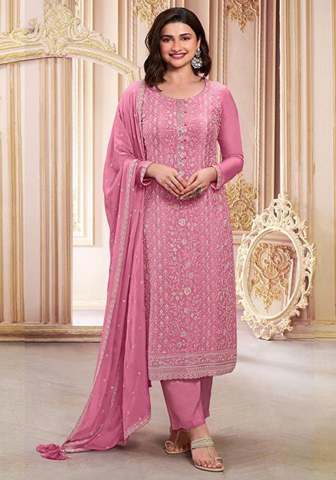 Pink Embroidered Silk Kurta Set