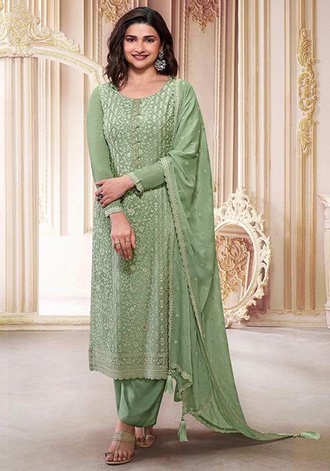 Light Green Embroidered Silk Kurta Set